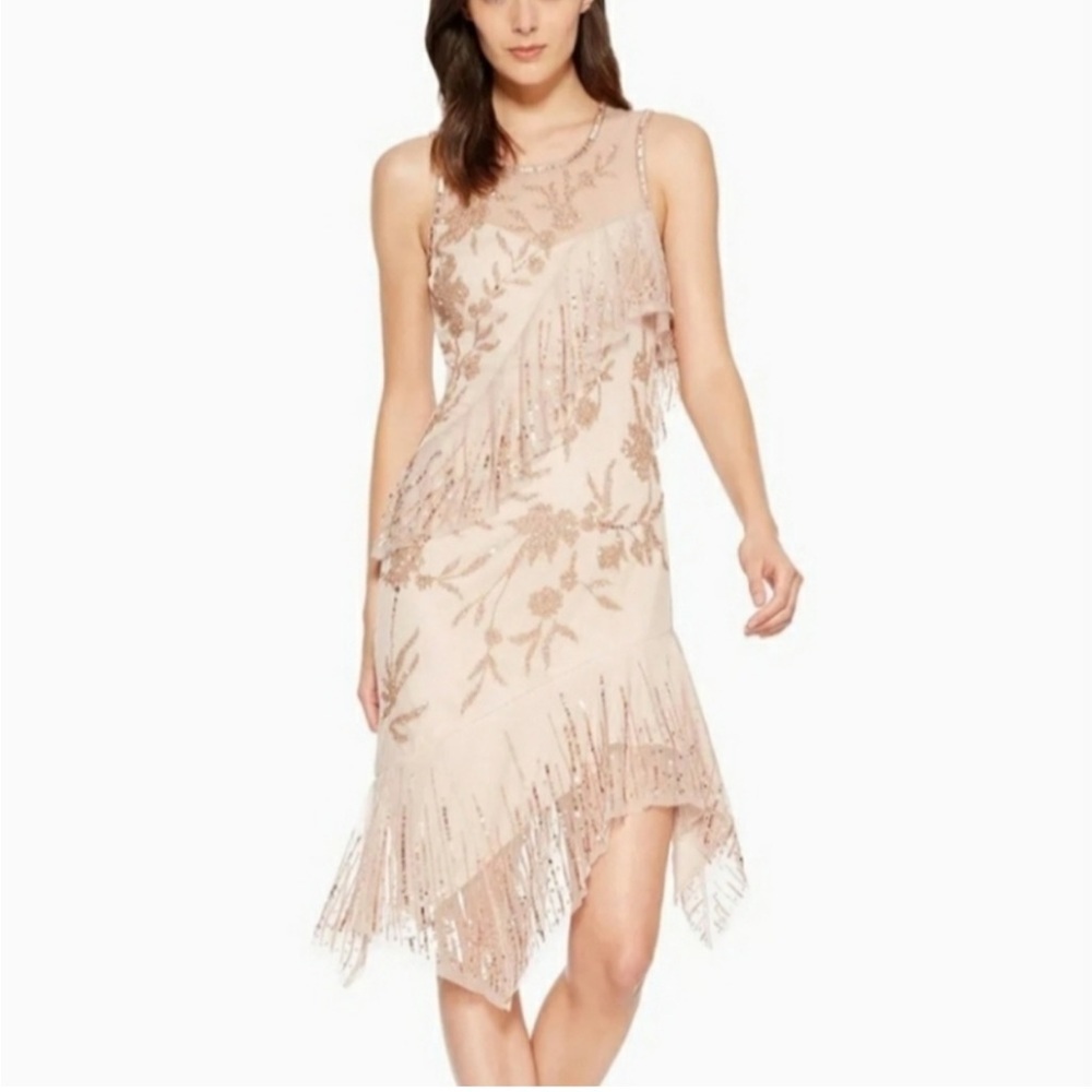 Parker Black/ NWT Florence Sequin FLAPPER Beaded Dress Rosaline Champagne Nude 8 - Picture 1 of 5